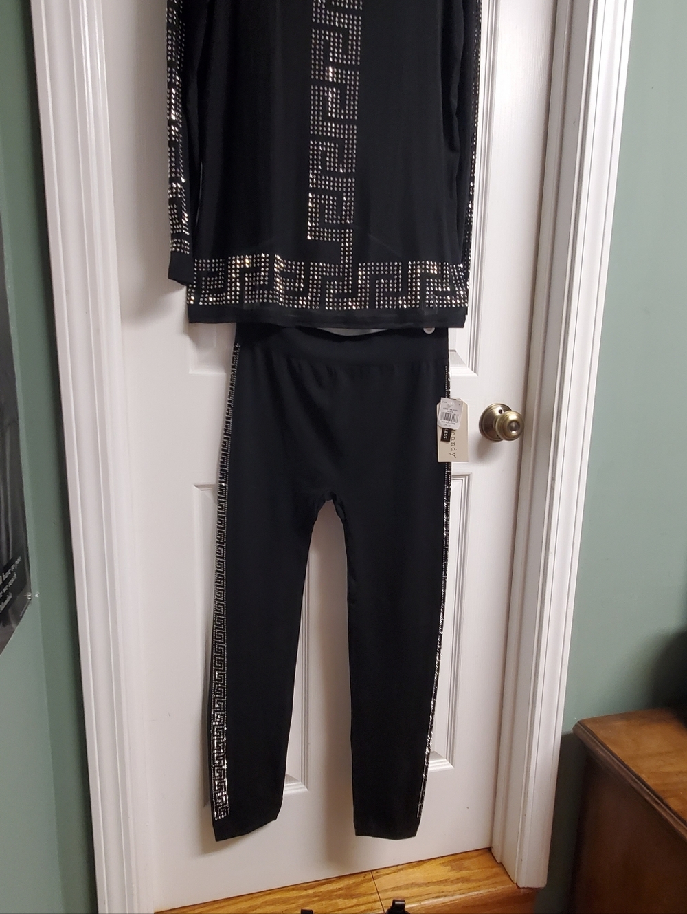 Fashionable Black Boots, Sexy Top & Leggings with Greek Key Rhinestone Trim.